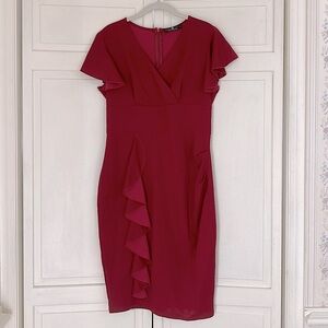 Red Short Sleeve Midi Bodycon Dress Size Large Ruffle Skirt